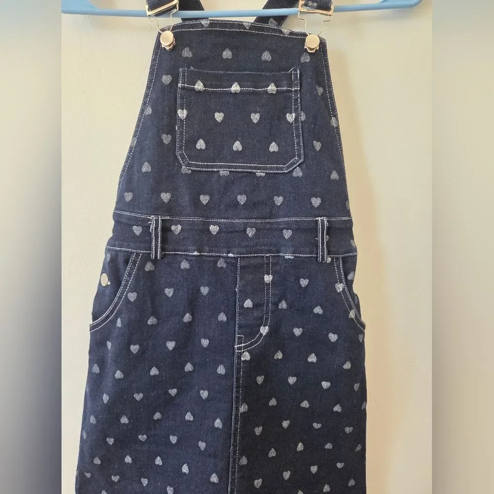 Girls Size 9/10 Blue Denim Heart Overall Dress Pinafore Buckle Adjustable School